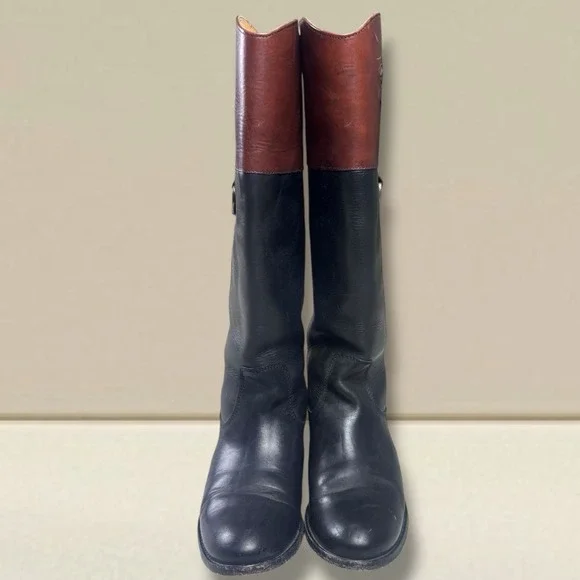 Frye Melissa Logo Black & Brown Leather‎ Knee High Boots 76436 Women's 6.5 B